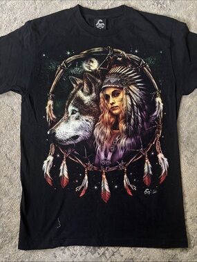 Black Graphic Short-Sleeve Tee with Wolf & Maiden Dreamcatcher